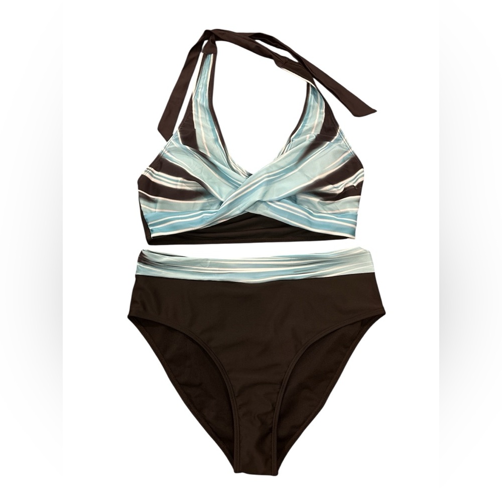 Elegant Black and Blue Striped Bikini